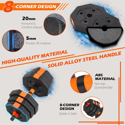50Lbs Adjustable Dumbbell Set – Octagonal Anti-Roll Design, Non-Slip Grip, Versatile Weights with Barbell, Kettlebell, Push-Up Options, Orange