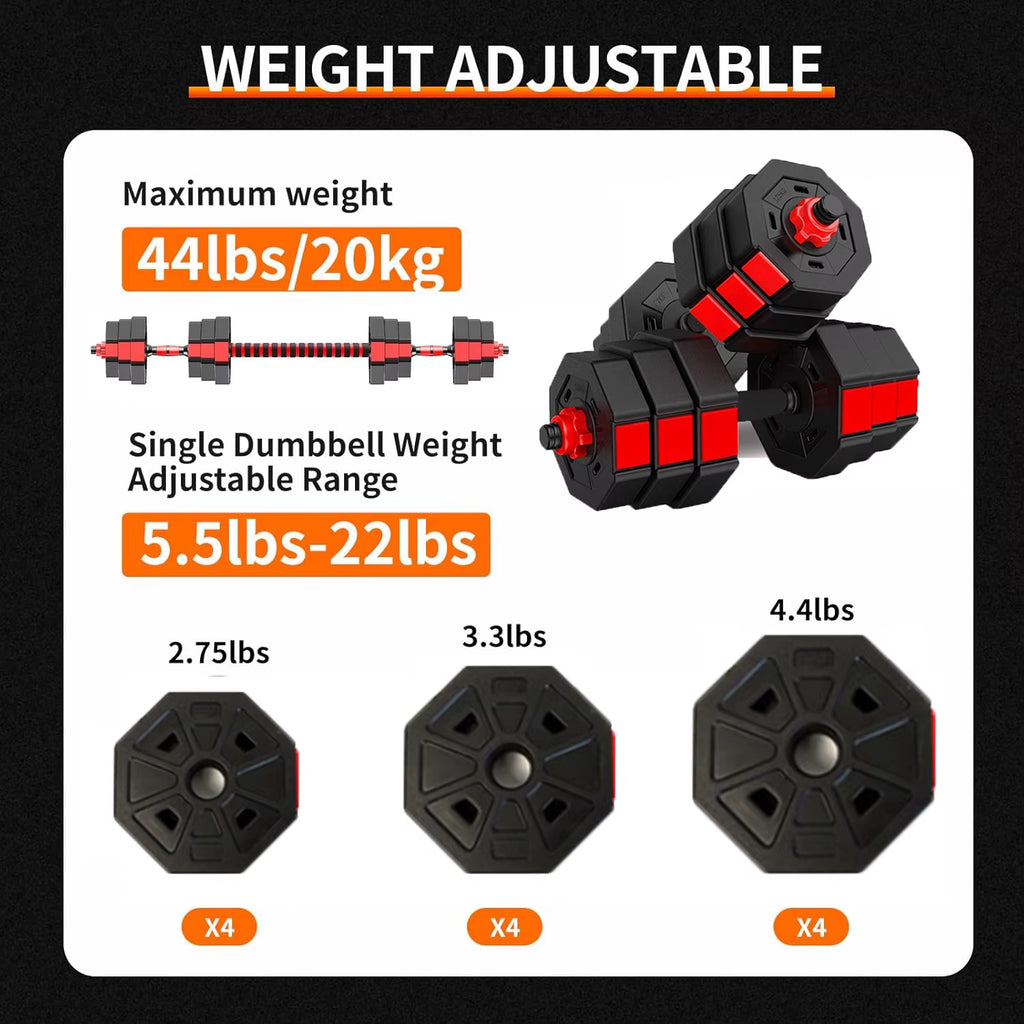 Adjustable Dumbbell to Barbell Fitness Set – 44Lbs Anti-Slip Grip, 3-In-1 Home Gym Strength Training Barbell Weight Set