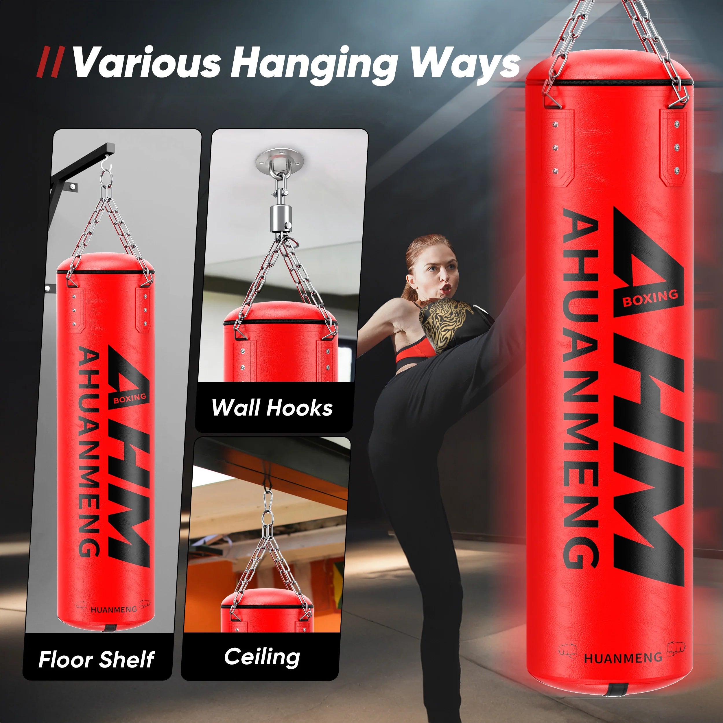 Punching Bag for Adults 4FT PU Heavy Boxing Bag Set Hanging Boxing Kit W/ Gloves, Red
