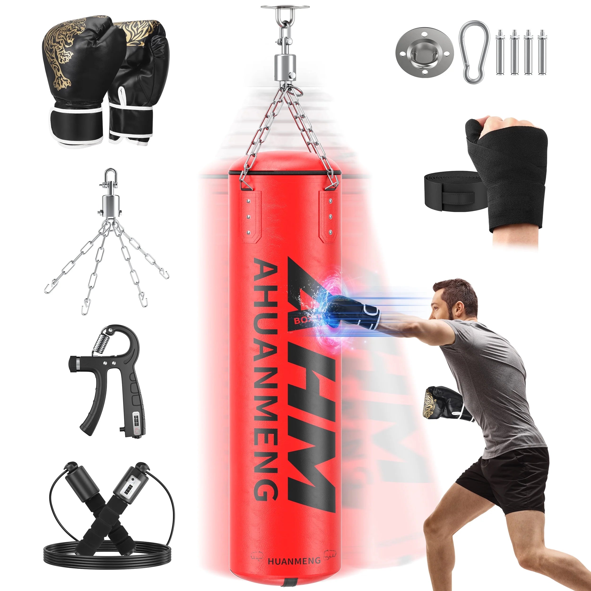 Punching Bag for Adults 4FT PU Heavy Boxing Bag Set Hanging Boxing Kit W/ Gloves, Red