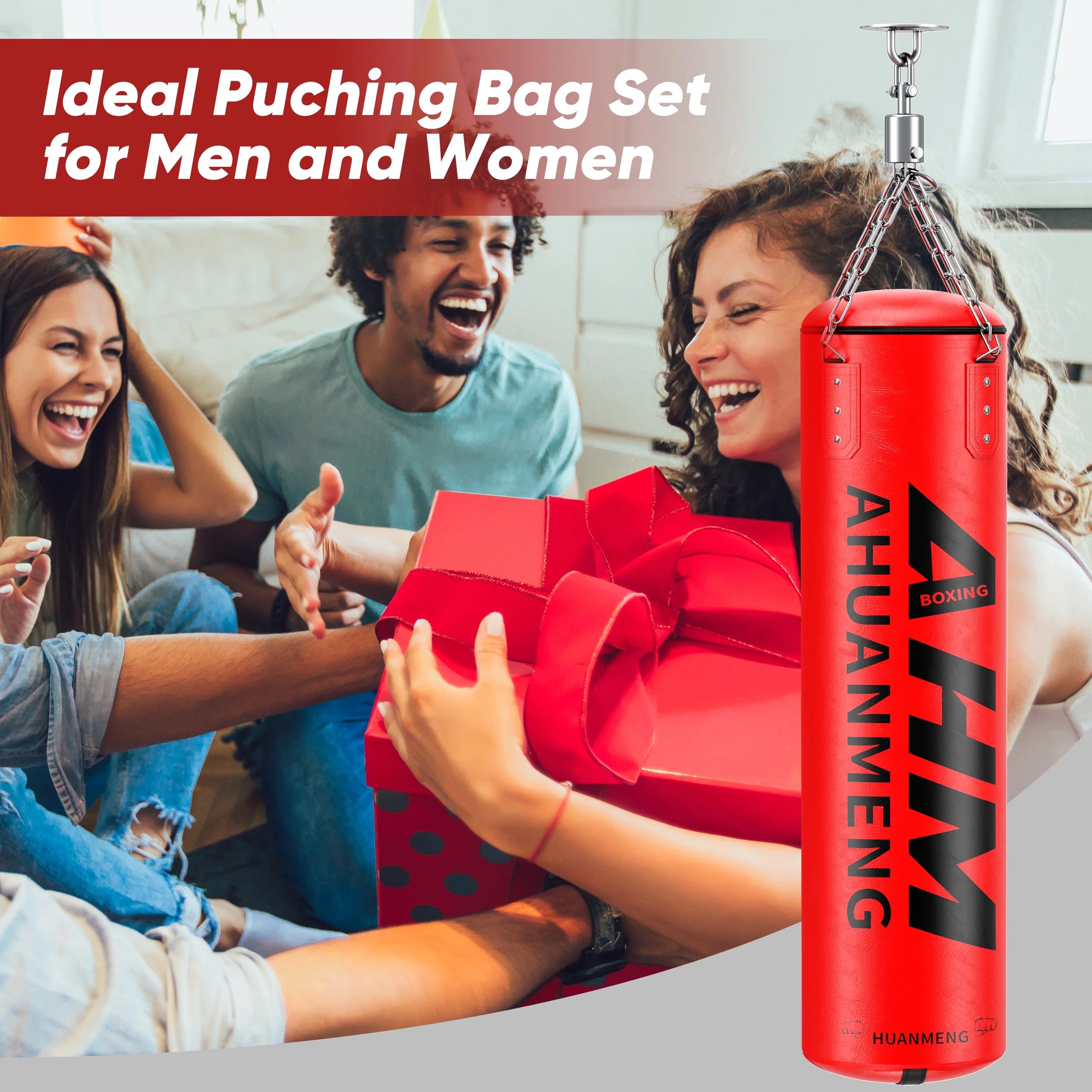Punching Bag for Adults 4FT PU Heavy Boxing Bag Set Hanging Boxing Kit W/ Gloves, Red
