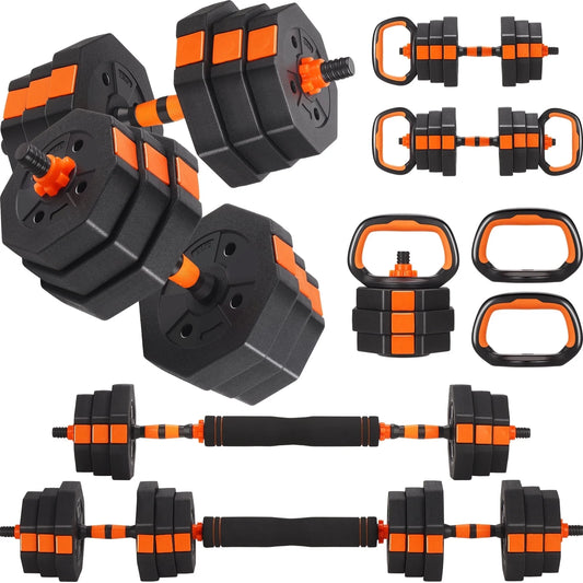 50Lbs Adjustable Dumbbell Set – Octagonal Anti-Roll Design, Non-Slip Grip, Versatile Weights with Barbell, Kettlebell, Push-Up Options, Orange