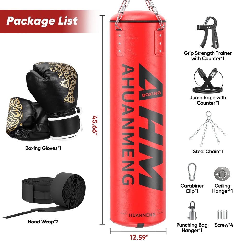 Punching Bag for Adults 4FT PU Heavy Boxing Bag Set Hanging Boxing Kit W/ Gloves, Red